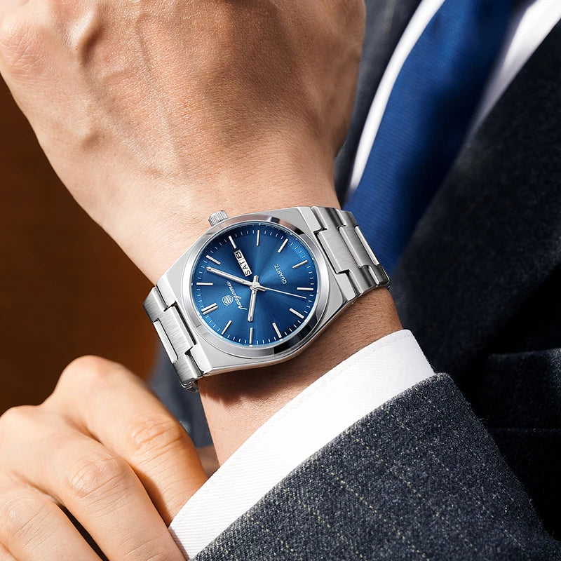 PAAZOMU Reloj de pulsera deportivo de lujo de cuarzo para hombre, impermeable, luminoso, con fecha, semana, para hombre, de acero inoxidable, reloj para hombre, Reloj+caja