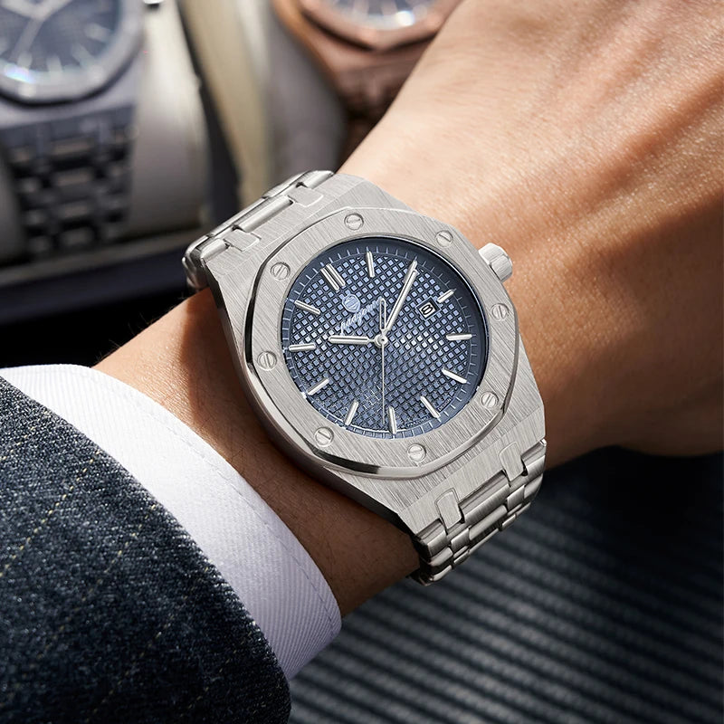 PAAZOMU Reloj de pulsera de lujo para hombre, resistente al agua, luminoso, con fecha, de acero inoxidable, a la moda, de cuarzo, para hombre, Reloj