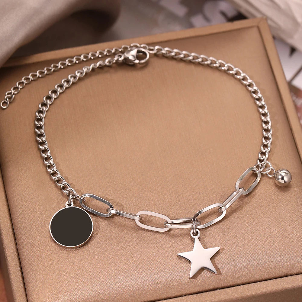 Edelstahlarmbänder Retro-Stern-Anhänger Büroklammer-Kette Schwarz Hell Luxus-Armband für Damen Schmuck Feiertage Bankett Geschenk