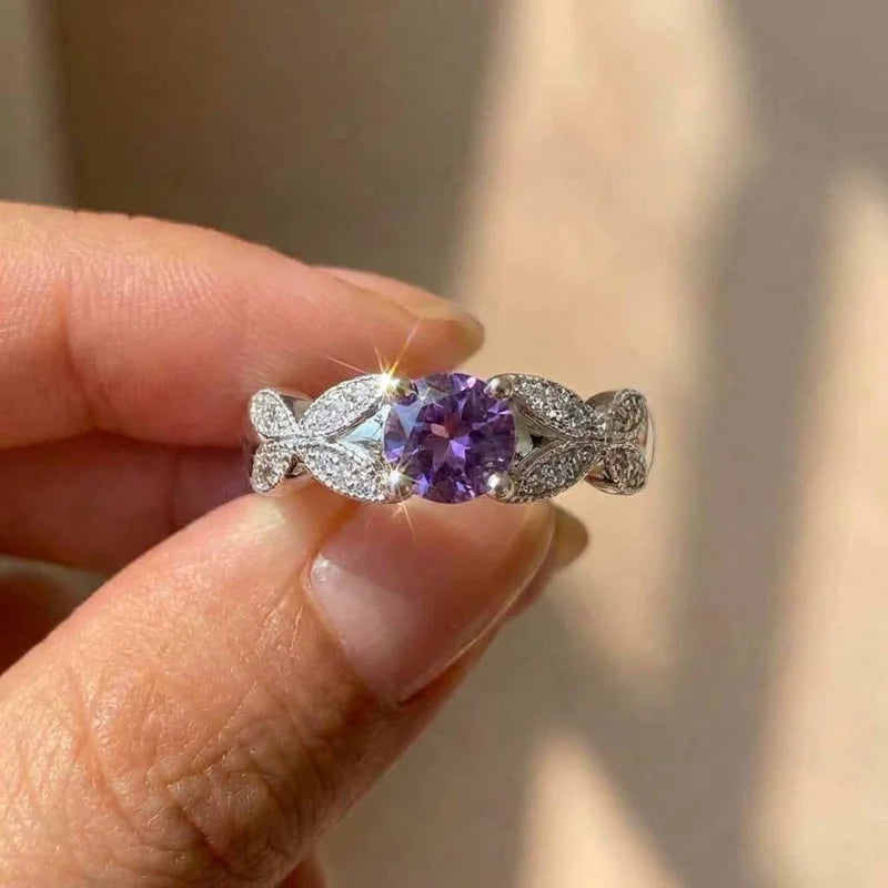 Anillo de mujer de plata de ley 925 con amatista y circonita, estilo lujo ligero, en Europa y América, anillo de temperamento con gema de moda simple