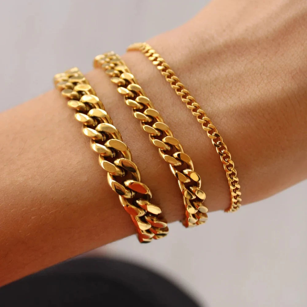 Edelstahl-Kettenarmband für Damen, 3 mm bis 9 mm, Curb Cuban Chain Armreif, Goldfarben, Unisex, stapelbarer Schmuck