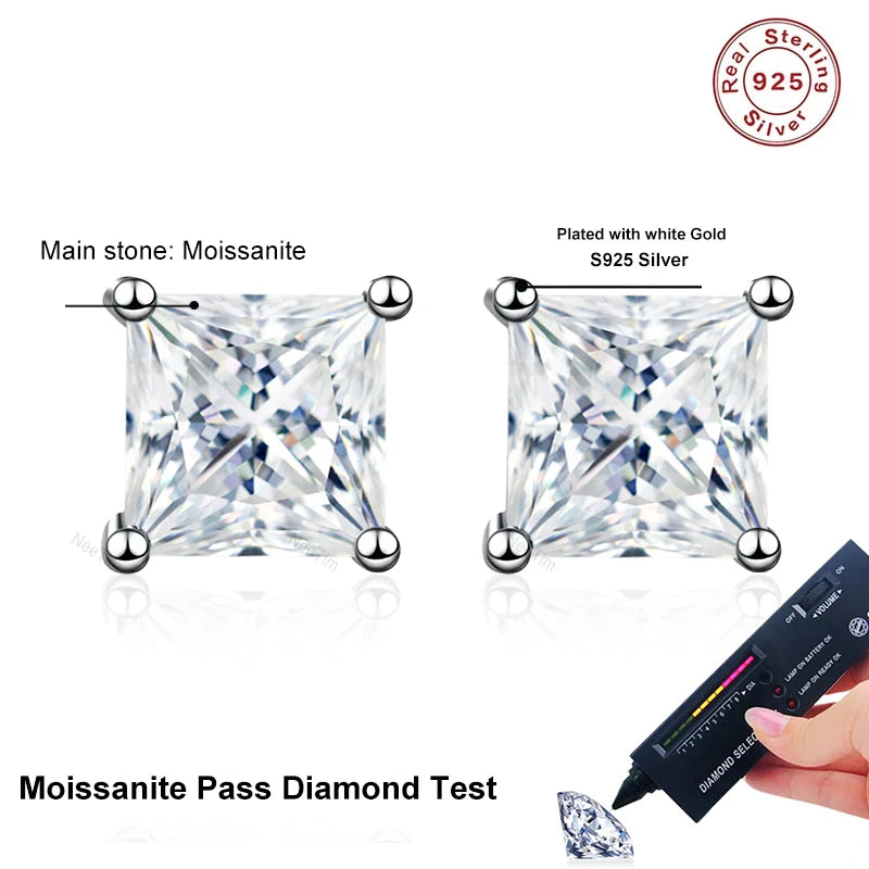 NeeTim 1ct 2ct Prinzessin-Schliff Moissanite Ohrringe s925 Sterling Silber vergoldet mit Weißgold Ohrstecker für Frauen Schmuck