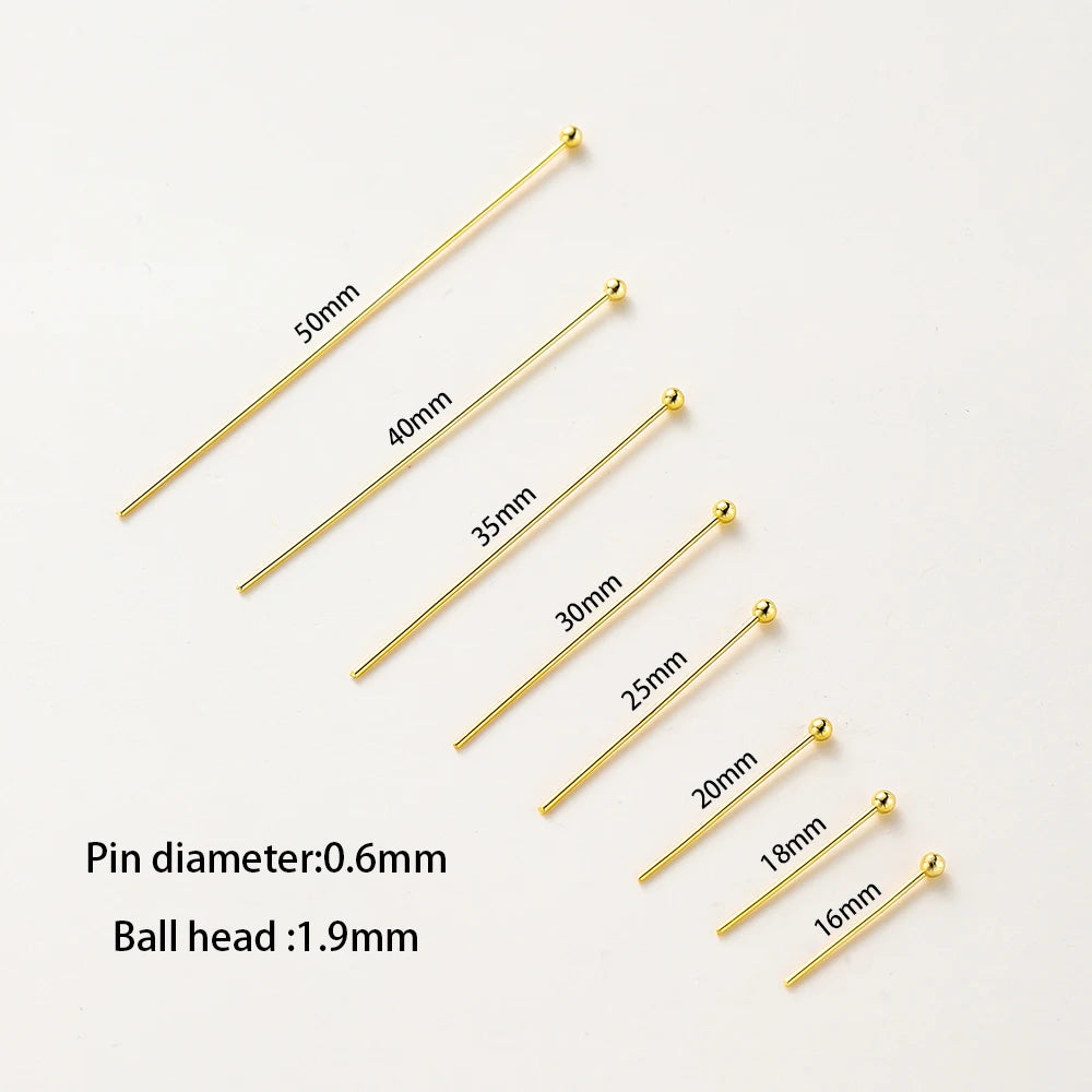 100 unidades/lote de 16-50 mm chapados en oro de 14K y 18K, alfileres de cabeza redonda para hacer joyas, accesorios de latón, metal, alfileres de cabeza plana y de ojal
