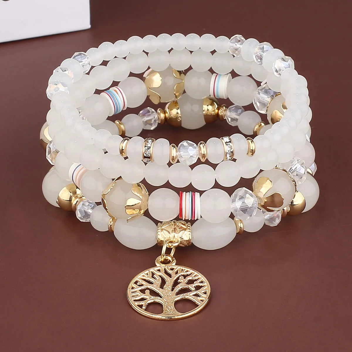 4er-Set Baum des Lebens Charm Armband für Damen, handgemacht, Acrylperlen, Kettenarmreif, weiblicher Boho Schmuck Accessoires