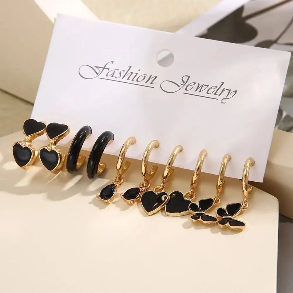 Einfaches 11-teiliges Set schwarze Herz-Blatt-Schmetterlings-Ohrringe für Damen, Mode, Temperament, Creolen, Urlaub, Hochzeit, Schmuckgeschenk