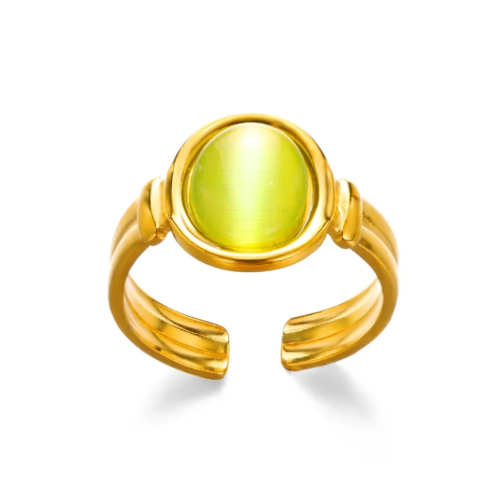 Vintage Grüne Stein Offene Edelstahlringe Für Frauen Mode Goldfarbe Blume Zirkon Ring Schmuck Ästhetische Anillos Geschenk
