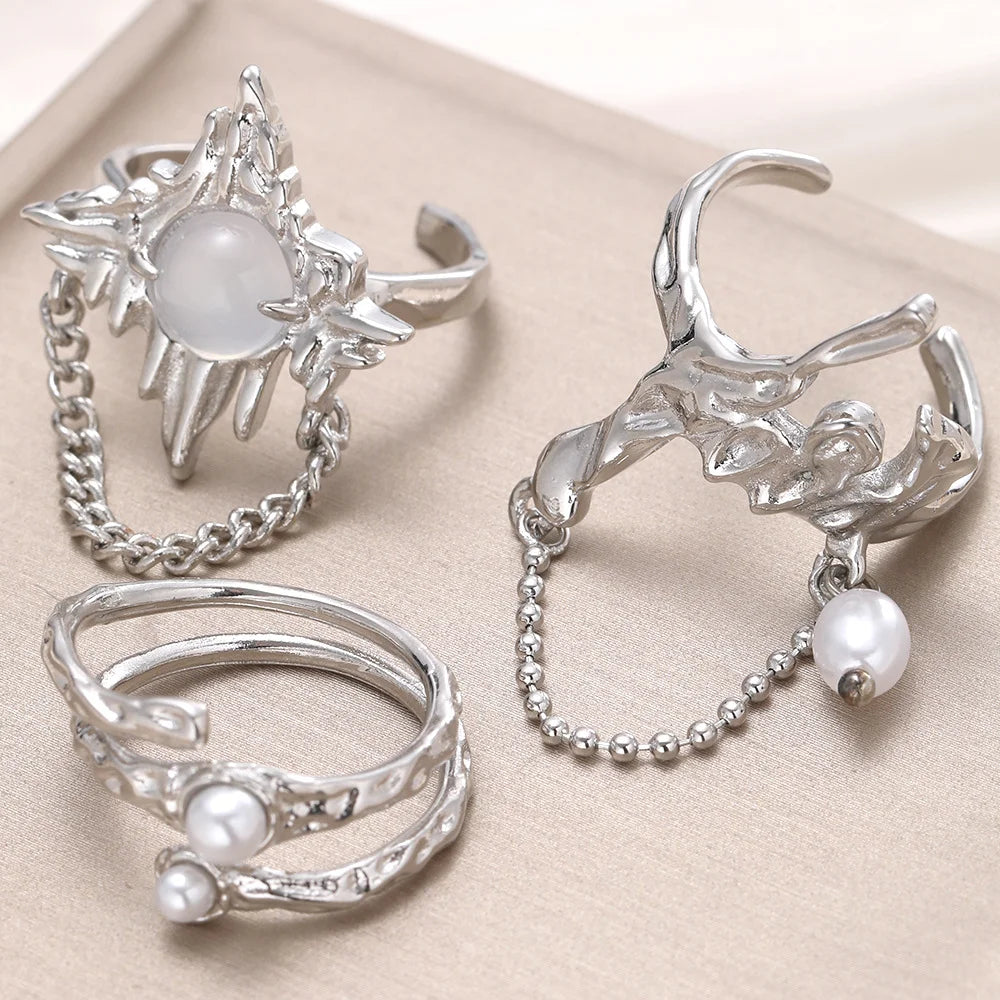 Vintage unregelmäßiger Perlen-Offener Ring für Frauen Männer Punk Gothic Silberfarbe Kristall Verstellbare Paarringe Y2K Egirl Schmuck Geschenke