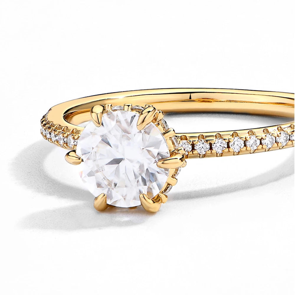 MINTYBOX 18K Gelbgold D Moissanit Ringe für Damen Handgefertigt 6,5mm S925 Silber Runder Verlobungsring Geschenk Edler Schmuck