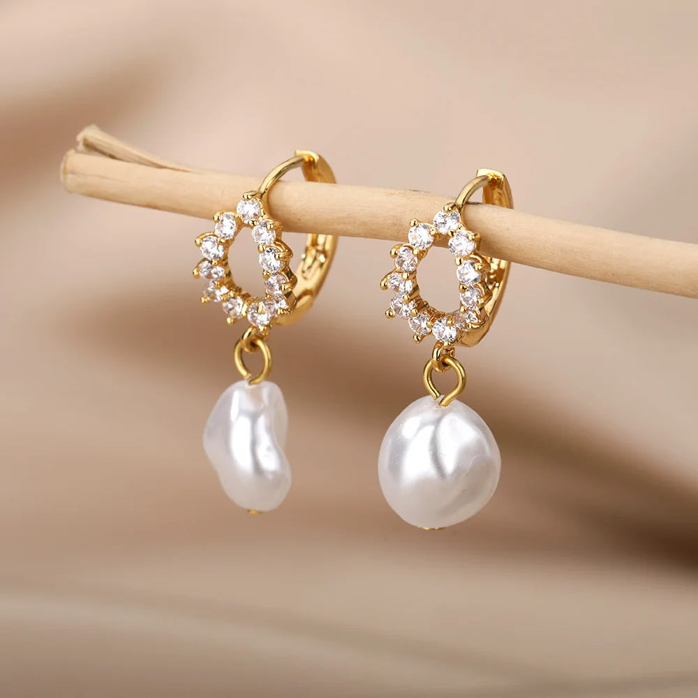 Pendientes colgantes de perlas de imitación Fashion Circle para mujer, de color dorado, de acero inoxidable, redondos, geométricos, de aro, joyas para boda
