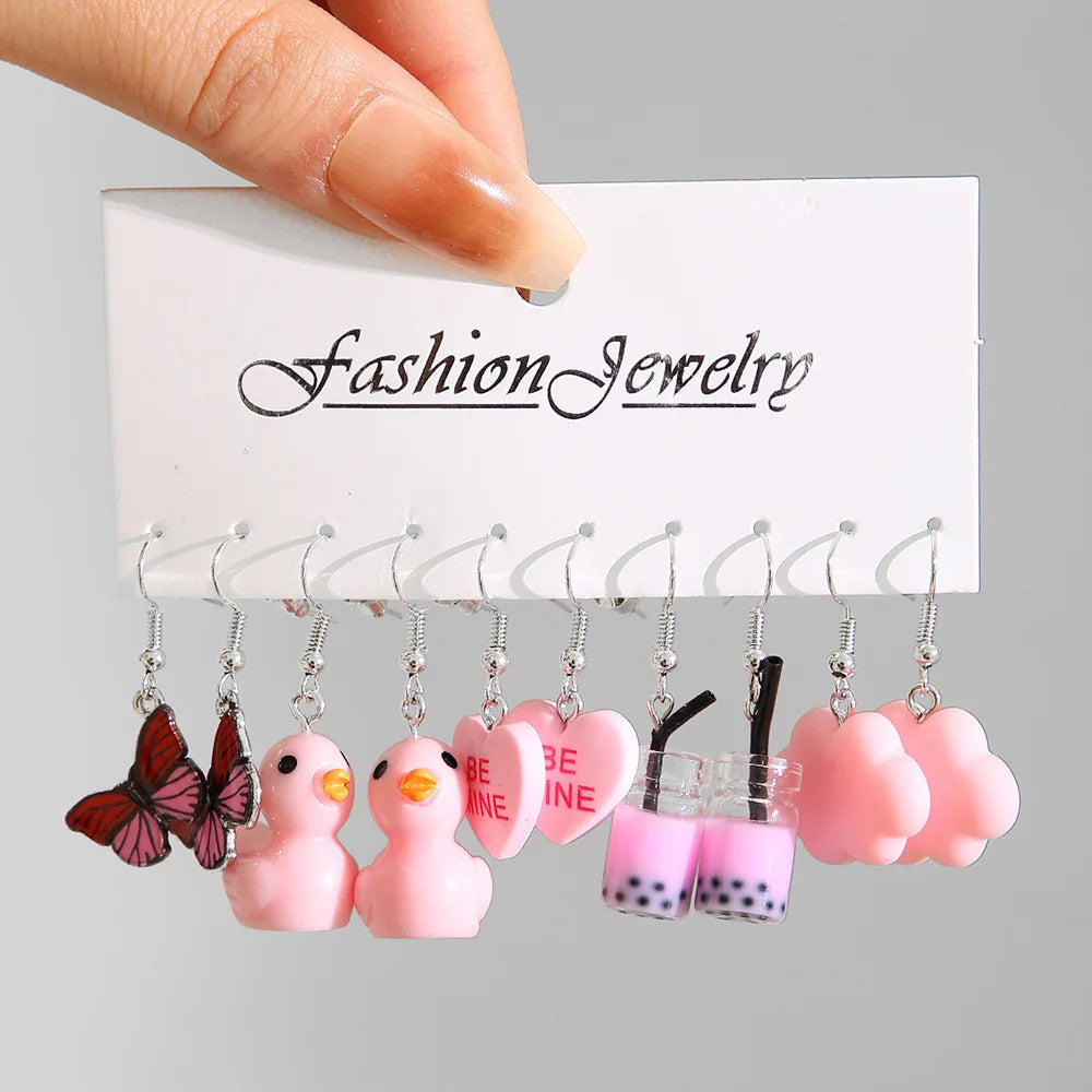 Neues Mode-Set mit niedlichen Cartoon-Ohrringen in Pink, farbenfrohe Dopamin-Acryl-Ohrringe für Damen und Mädchen, neues trendiges Schmuck-Accessoire-Geschenk