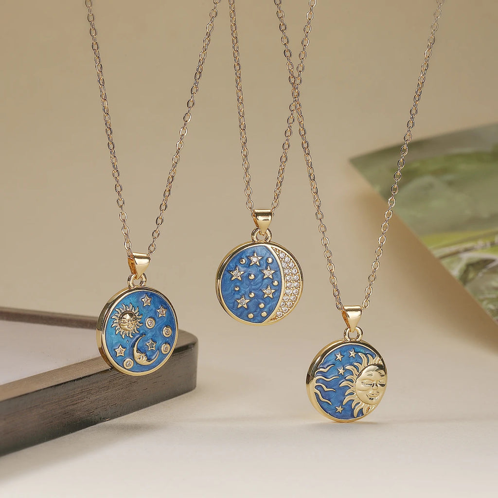 NEWBUY Delicate Blue Oil Dripping Star Moon Sun Round Pendant Necklaces For Elegant Women Bitrhday Gift