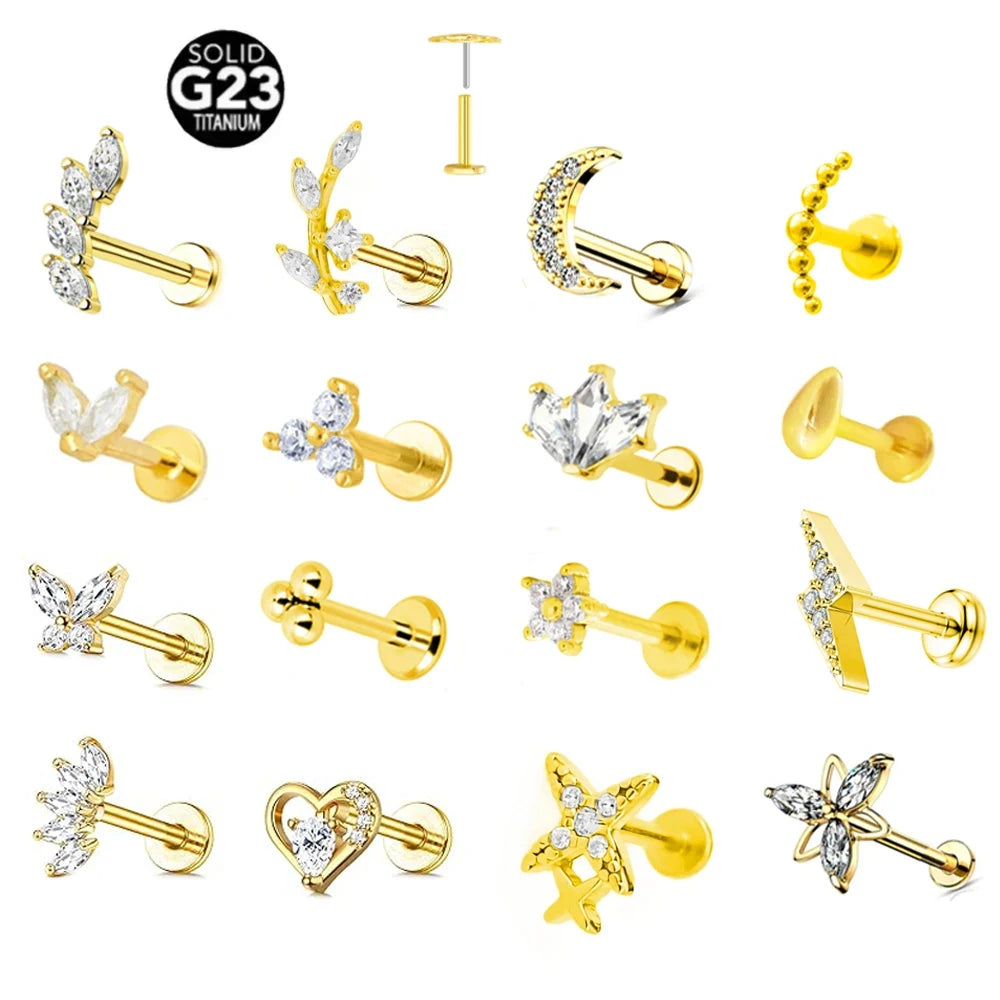 G23 Flores de titanio Labret de empuje 16G 18G 20G Piercing de mariposa para labios sin rosca con forma de gota de agua, arete para tragus, joyería corporal