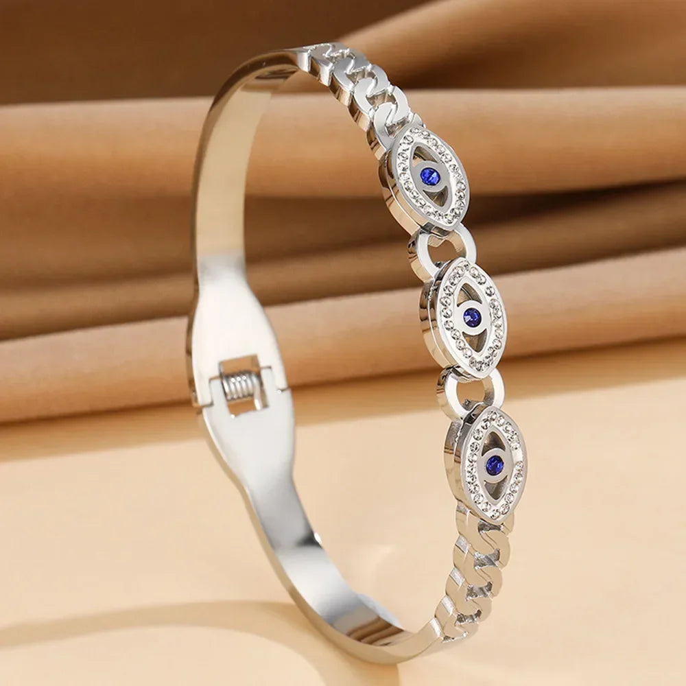 Mode Edelstahl Armband für Damen Herren Böser Blick Manschettenarmreifen Vergoldete Federverschluss Glücksbringer Schmuck Zubehör