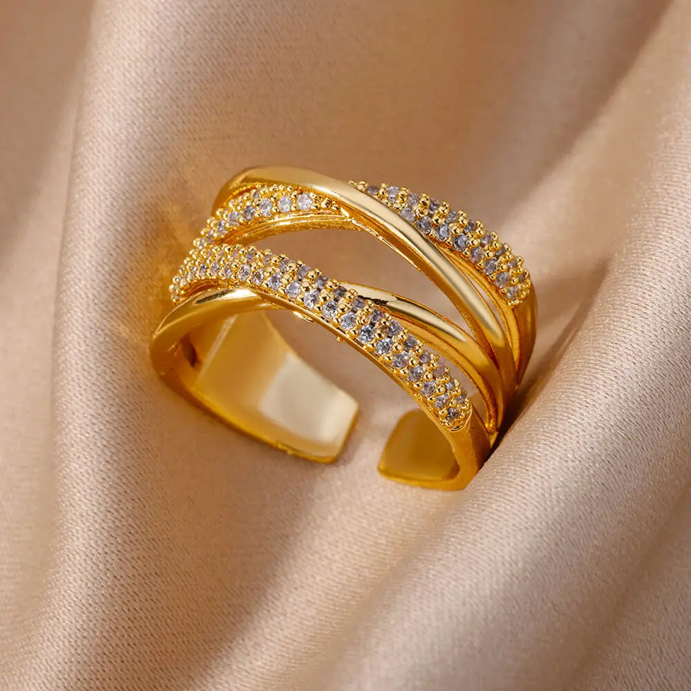 Anillos de acero inoxidable de color dorado a la moda para mujer, cadena hueca de cristal de circón, joyería para dedo, regalo 2023, anillos mujer