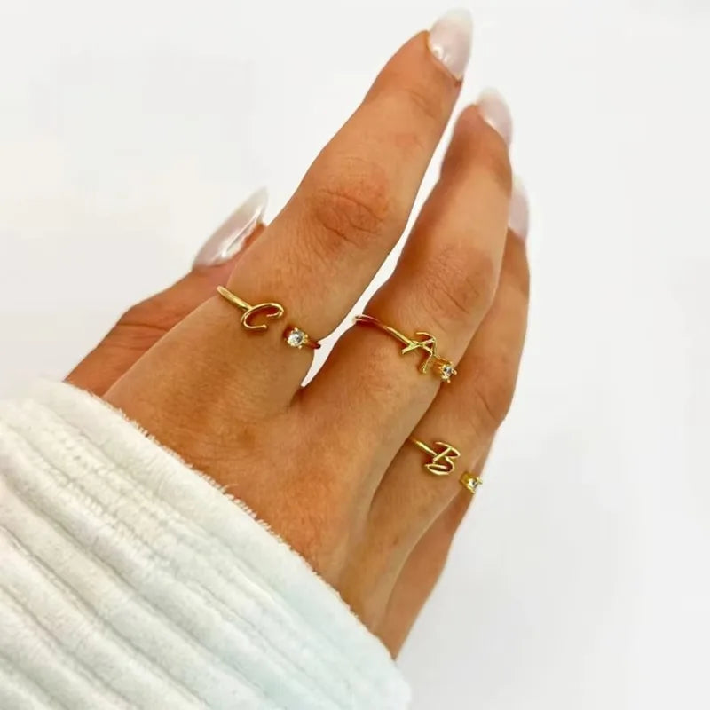 Zirkon Tiny Initial-Buchstabenringe für Damen, Edelstahl A-Z Buchstaben verstellbarer Ring, weiblicher ästhetischer Weihnachtsschmuck, Geschenk