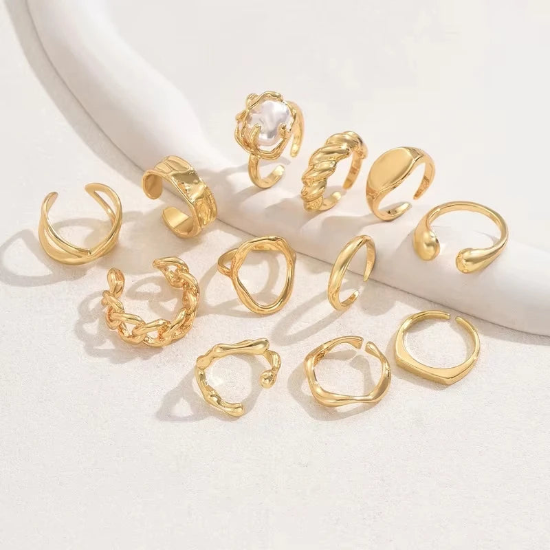 12tlg./Set Vintage Böhmischer Damenring-Set, perfekt für Strandurlaub und Freizeit, passend für alle Jahreszeiten