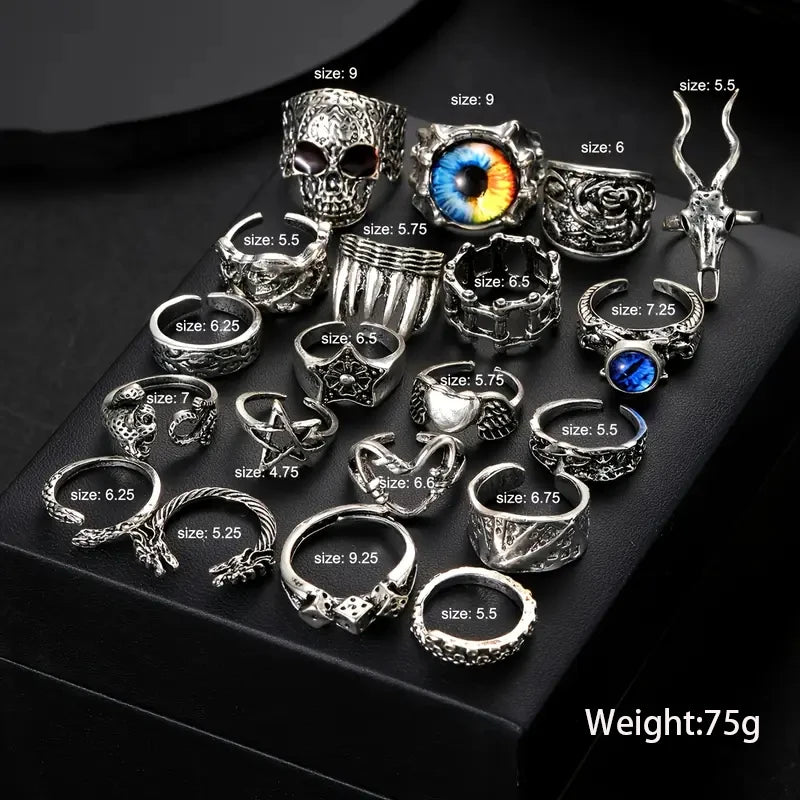 20tlg/Set Retro Punk Gothic Ringe für Frauen Männer Silber Farbe Herz Teufelsaugen Totenkopf Schlange Pentagramm Ringe Set Trendiger Schmuck Geschenk