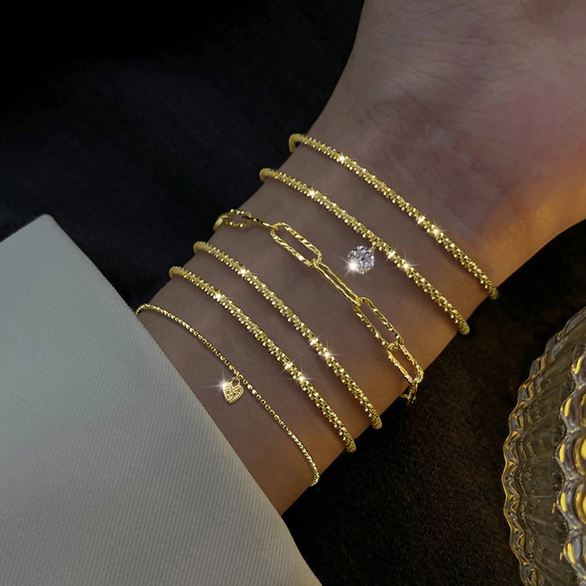 6 Stück Fashion Gold Farbe Funkelnde Verstellbare Armreifen Set für Frauen Elegante Feine Armbänder Neue Hochzeit Party Schmuck Geschenke