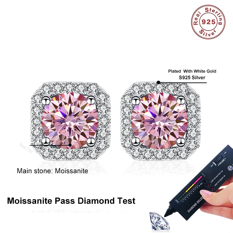 NeeTim 0.5ct 1ct Rosa Moissanit Ohrstecker für Damen 925 Sterling Silber Schwarz Blau Grau Funkelnde Labor Diamant Ohrringe