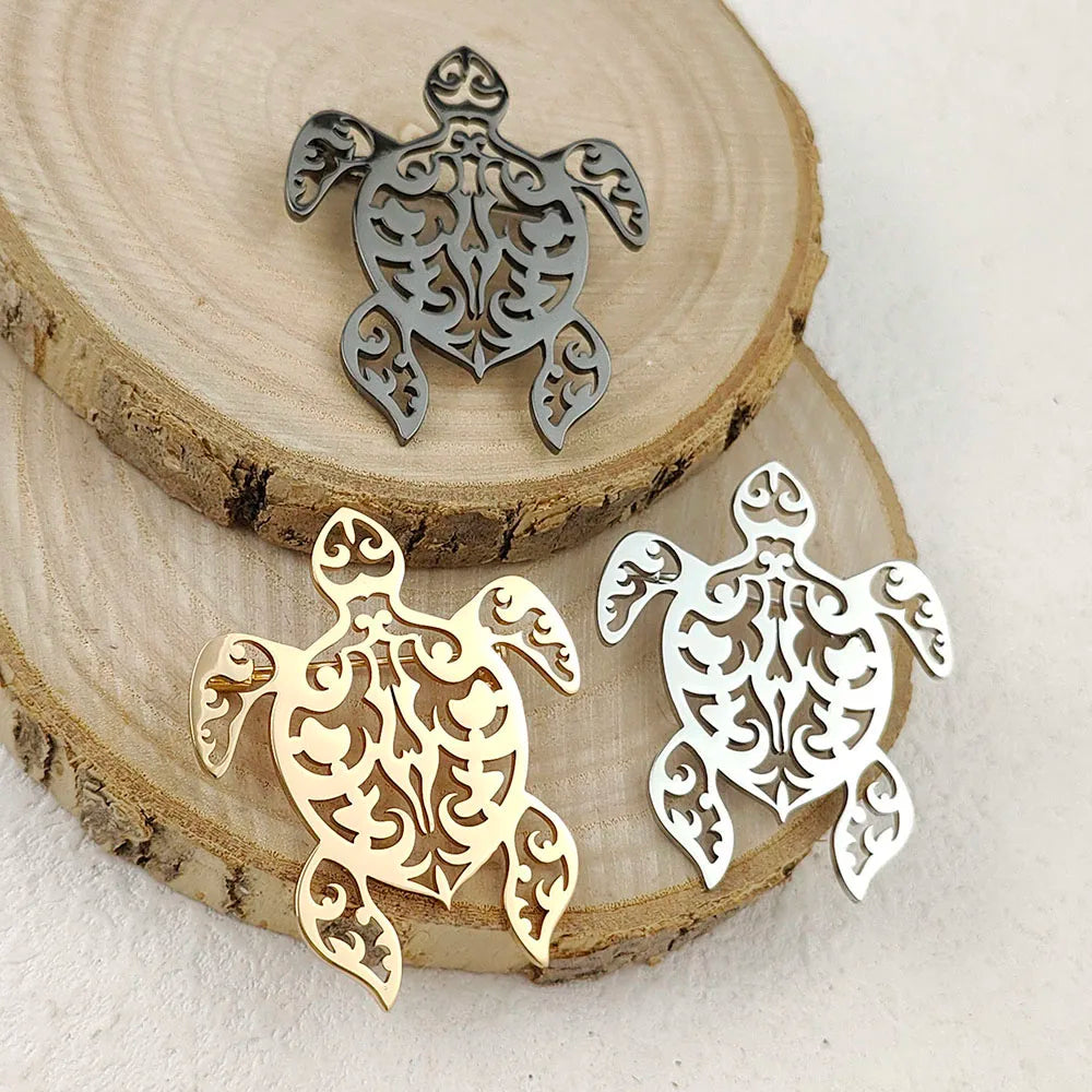 Creative punk style hollow fun turtle stainless steel gold-plated 18K brooch, black suit accessories, wedding matching set