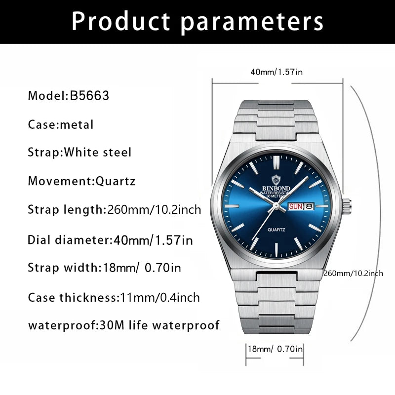BINBOND Lujoso Reloj de Moda para Hombre, Reloj de Negocios de Alta Gama, Impermeable, Luminoso, con Fecha y Semana, Reloj de Cuarzo de Acero Inoxidable para Hombre