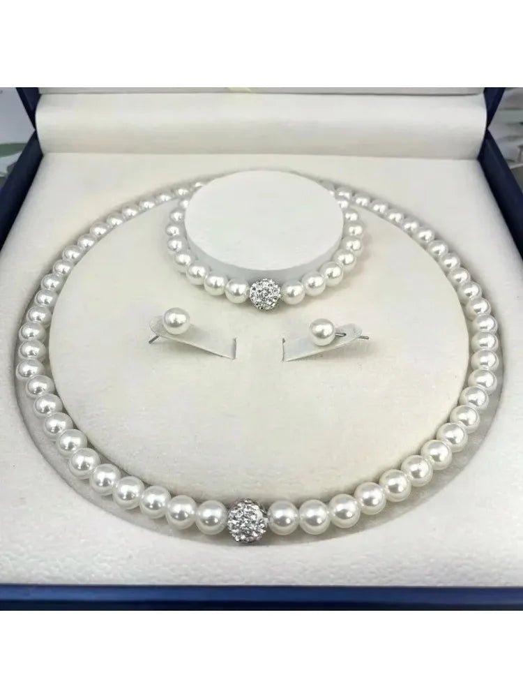 3-teiliges Set: Imitationsperlen-Feuerball-Halskette, Armband, Ohrstecker, Schmuckset, Silberfarbe, Kristallstein, elegantes Brautschmuckgeschenk