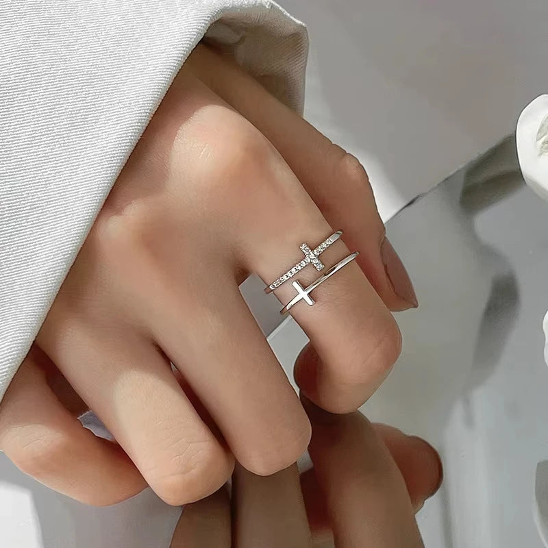 Anillo Abierto Doble Capa Cruzado para Mujer, Minimalista, Color Oro Plata, Ajustable, Joyería Femenina para Fiesta Boda