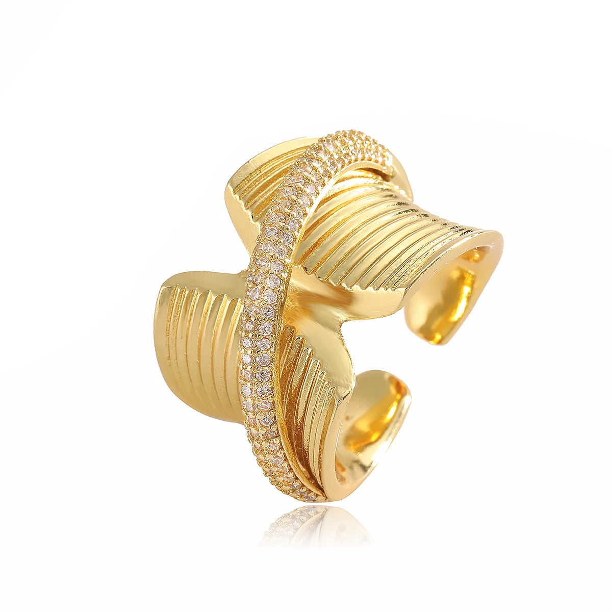 NEWBUY Luxus AAA Zirkonia Inlay Kupfer Hochzeitsschmuck Goldfarbe Statement Geometrische Form Offene Designringe Für Frauen