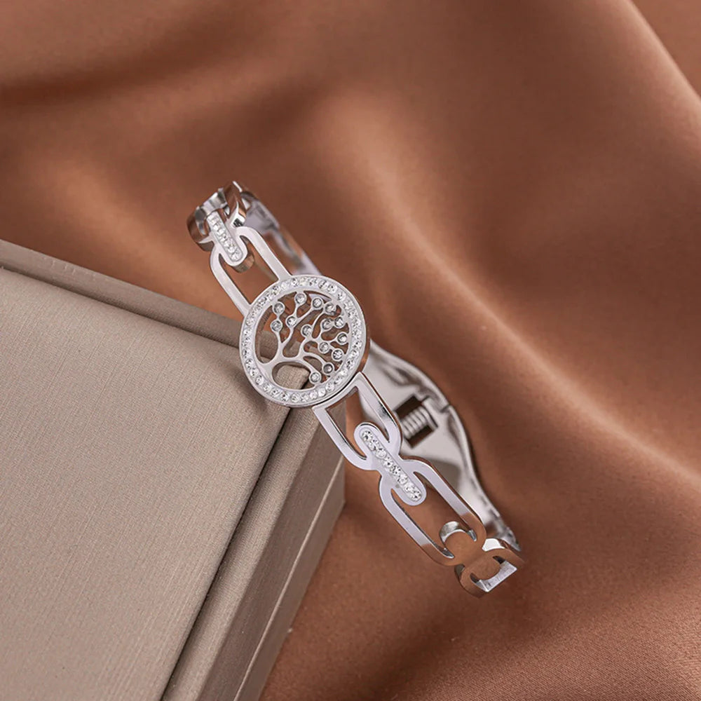 Luxus-Edelstahl-Lebensbaum-Armreif für Frauen und Männer, Kristall-Zirkon-Armband, Silber-Gold-Farbe, Handgelenkschmuck-Accessoires