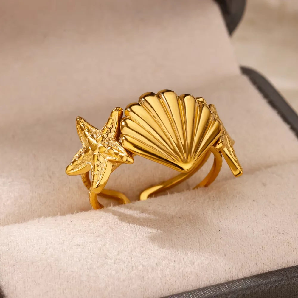 2025 Anillos de agua dulce de acero inoxidable con perlas, estrellas de mar y conchas para mujer, de color dorado, estilo punk vintage, joyería impermeable para la playa
