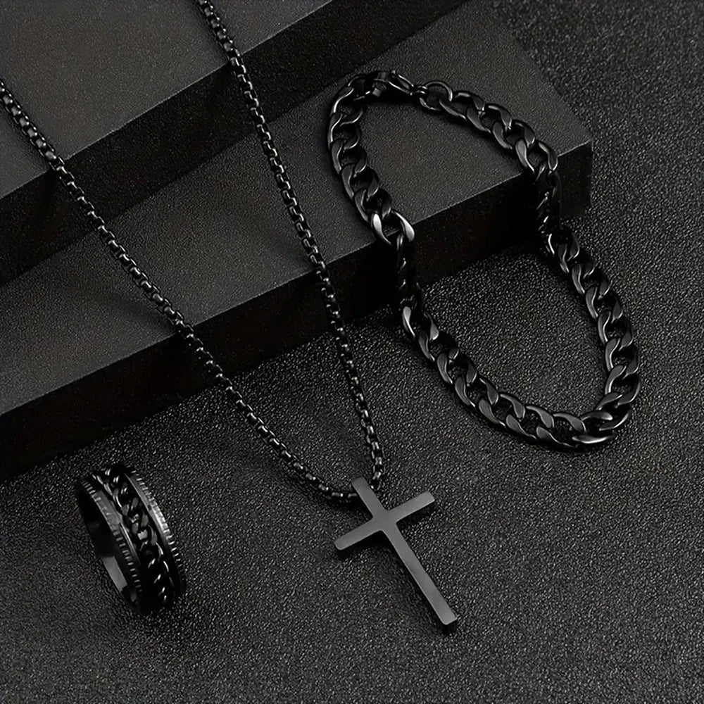 3tlg. Set Herren Edelstahl Metall Kreuz Anhänger Halskette Armband Ring Schmuckset Herren Hip Hop Alltagsaccessoires
