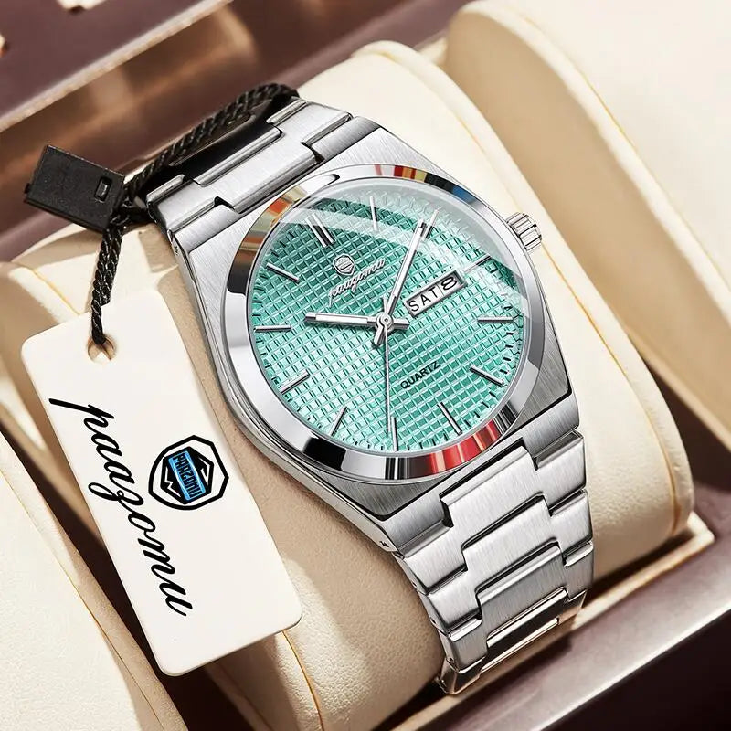 PAAZOMU Reloj de hombre de lujo original, a la moda, luminoso, impermeable, cronógrafo, con fecha, para hombre, de cuero, de cuarzo, Reloj