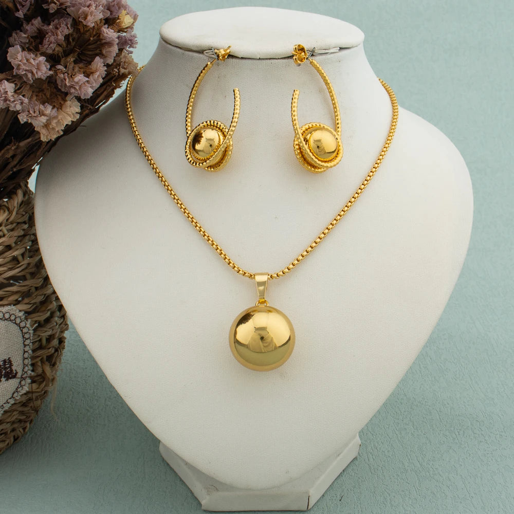 Schlichtes geometrisches Halsketten-Ohrringe-Set aus Metall mit kugelförmigem Anhänger für Damen, Edelstahl, vergoldet, lichtecht, trendiger Schmuck