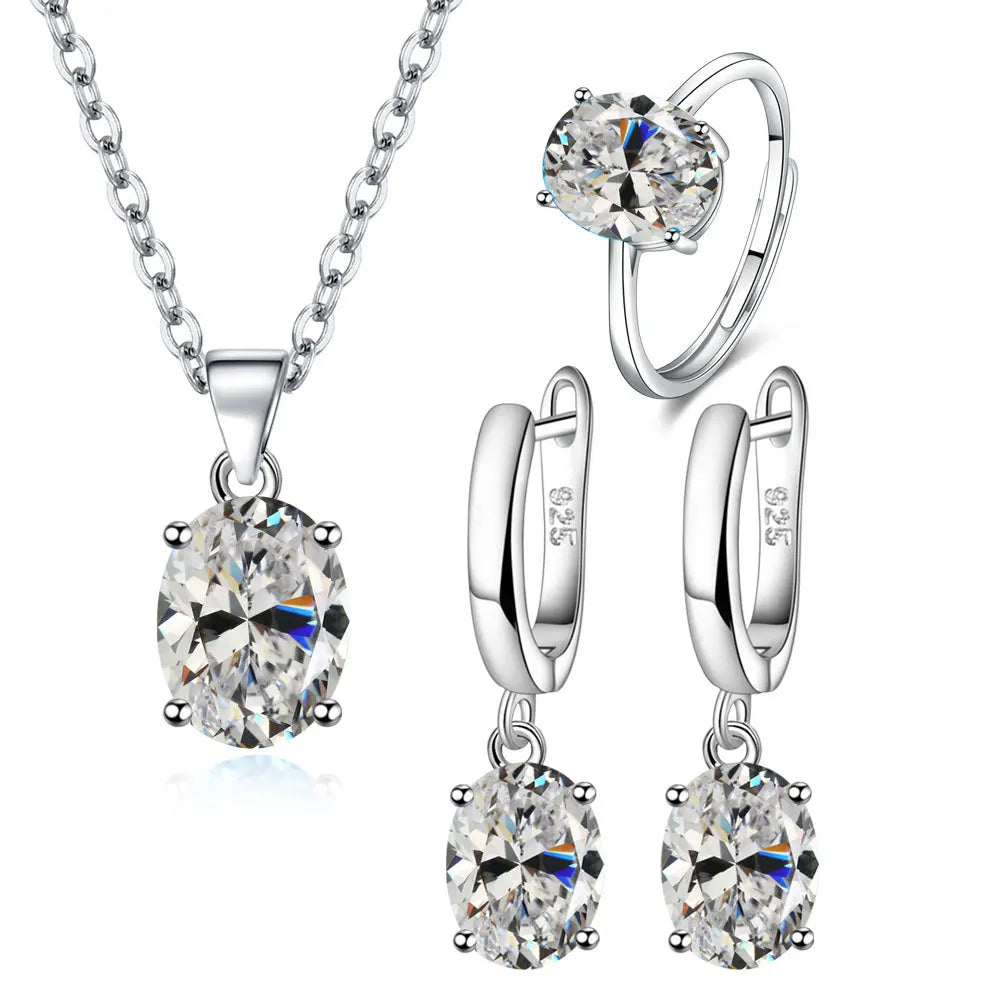 925 Sterlingsilber Elegante Damen Schmucksets Ellipse Zirkon Ring Halskette Ohrringe Accessoires Juwellery Argent 925