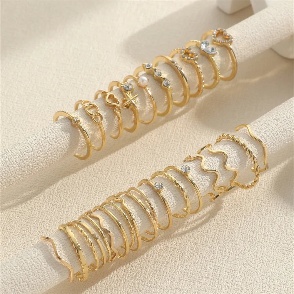 Mode Einfache Welle Gelenkringe Set für Frauen Kristall Herz Form Gold Silber Farbe Ring Weiblicher Party Schmuck