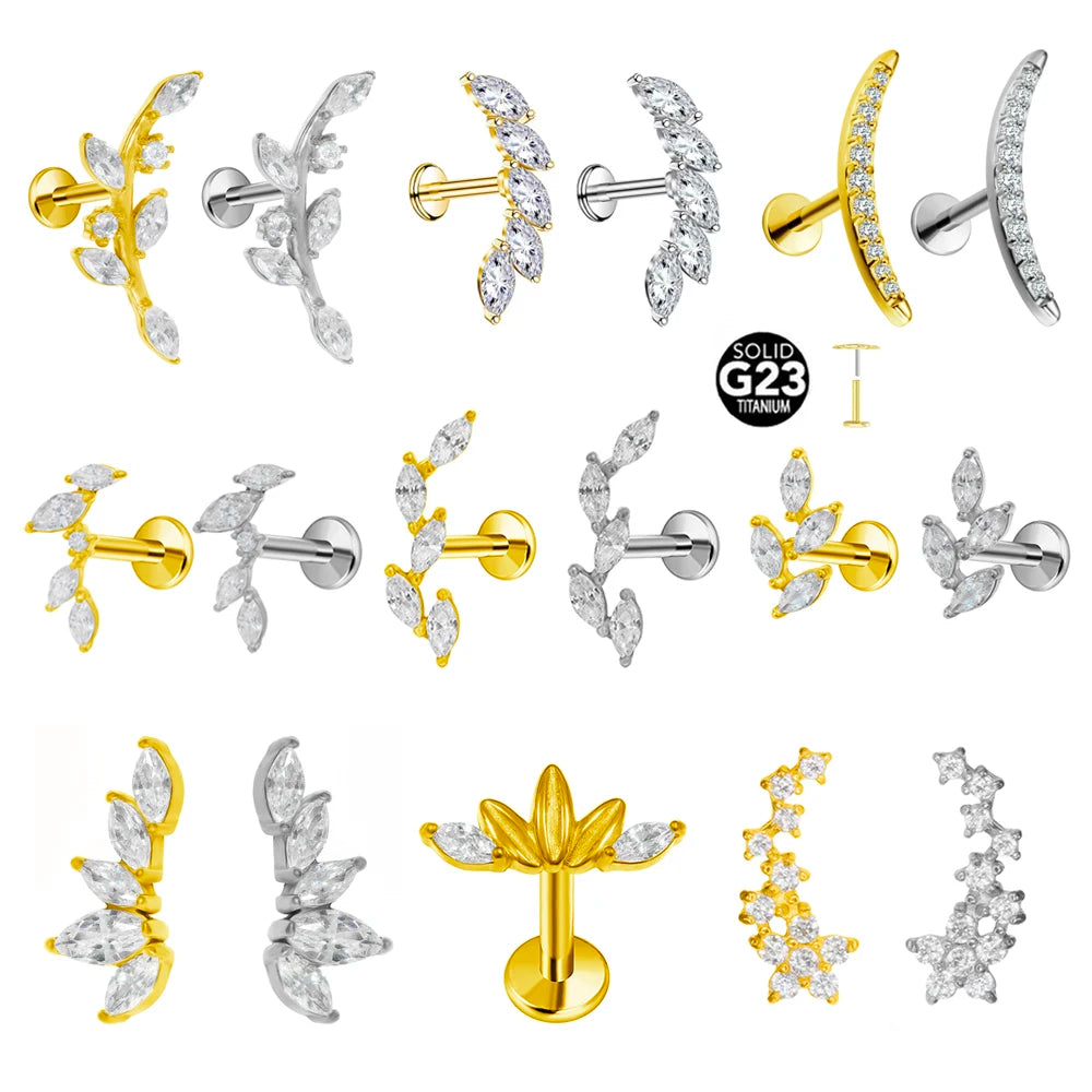 ASTM F136 G23 Titan Piercing Ast Ohrring Stecker Mond Push-In Zirkonia Gewindelos Labret Piercing 16/18/20G Knorpelkörperschmuck