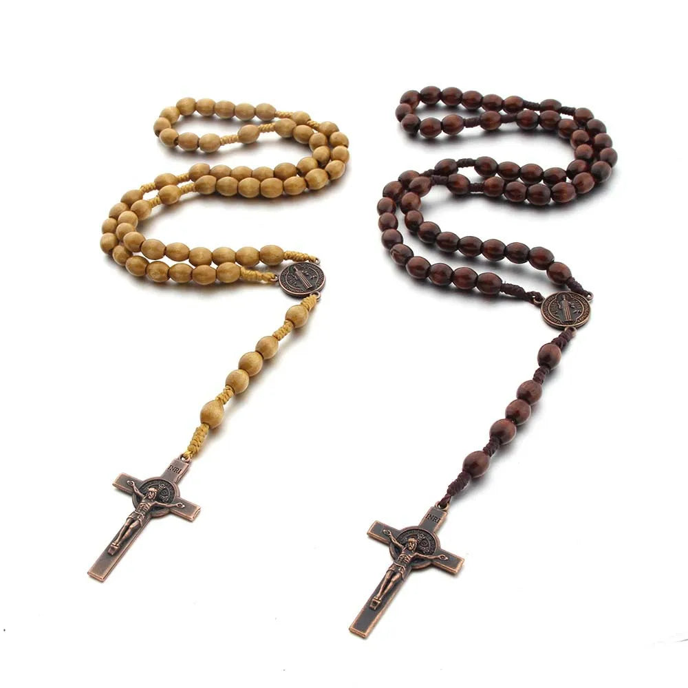 Handgemachte Rosenkranz-Halskette aus Holzperlen für Damen und Herren, Kruzifix-Kreuz-Anhänger, lange geflochtene Seilkette, religiöser Gebetsschmuck