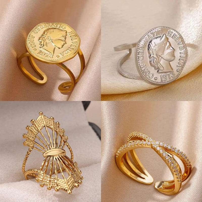 Edelstahl Runde Portrait Offene Ringe Für Frauen Gold Farbe Einstellbare Hochzeit Ästhetischer Ring Party Mode Schmuck Geschenk BFF