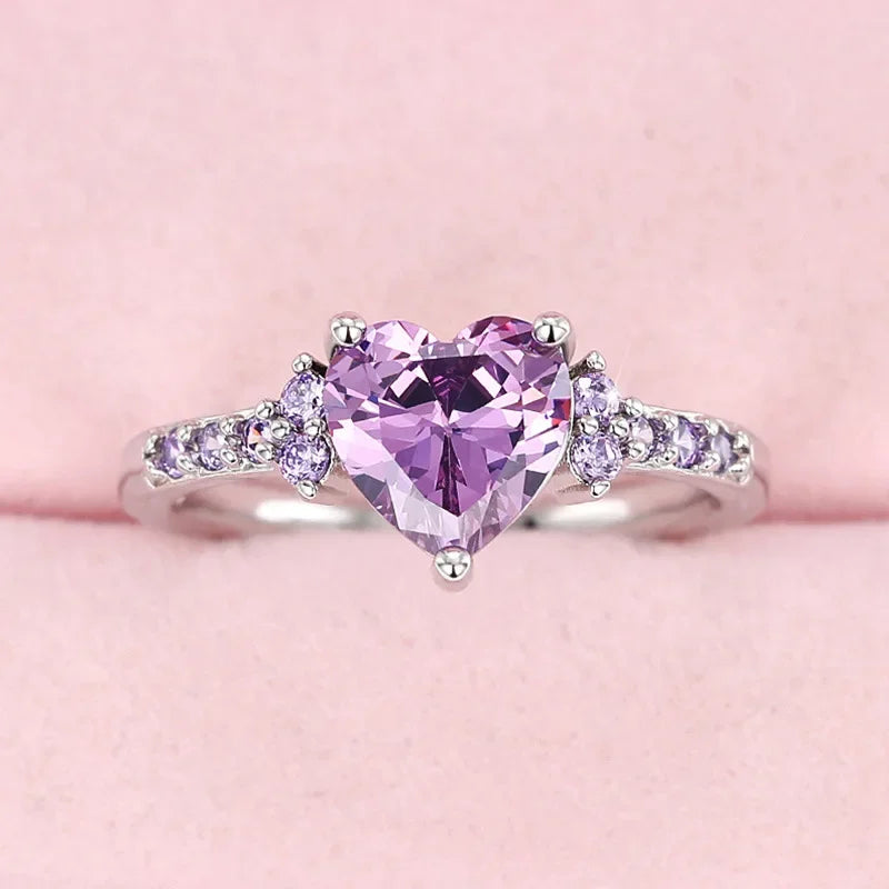 925 Sterling Silber Funkelnde Zirkon Weiß Lila Elegante Liebe Herz Ringe für Frauen Party Verlobung Hochwertiger Edelschmuck