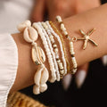 7tlg./Set Böhmisches Urlaubs-Muschel-Perlen-Armband, handgewebt, Seestern-Reiskorn-Armband-Set für Damen, Strandparty, Küstenurlaub