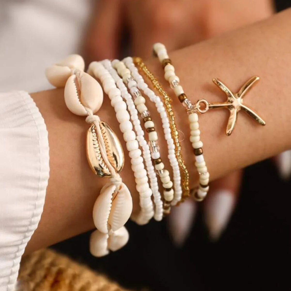 7tlg./Set Böhmisches Urlaubs-Muschel-Perlen-Armband, handgewebt, Seestern-Reiskorn-Armband-Set für Damen, Strandparty, Küstenurlaub