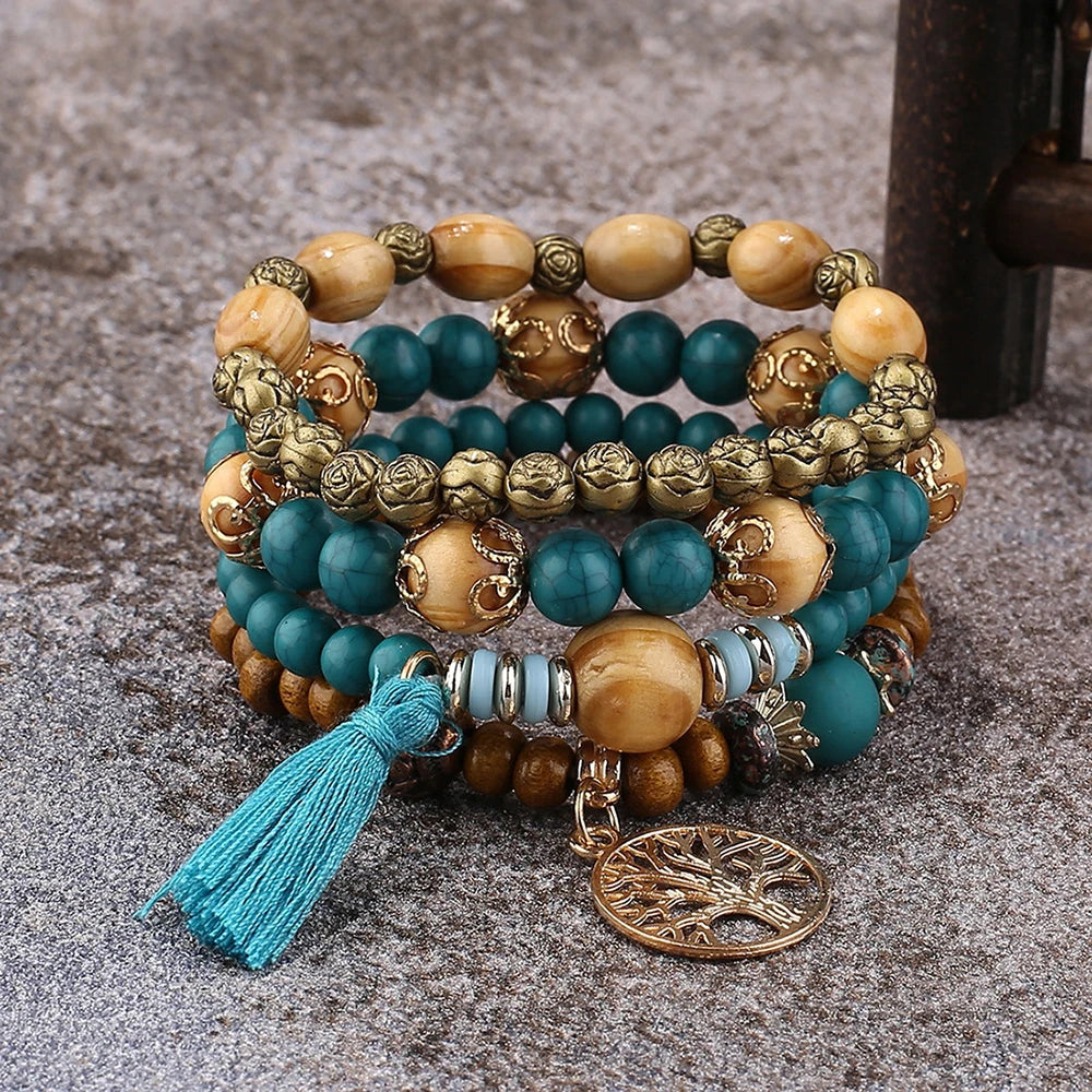 Boho Lebensbaum-Armband-Set für Frauen, modische Quasten, Charms, Holzperlen, elastische Kette, Armreif, trendiger Party-Schmuck für Mädchen
