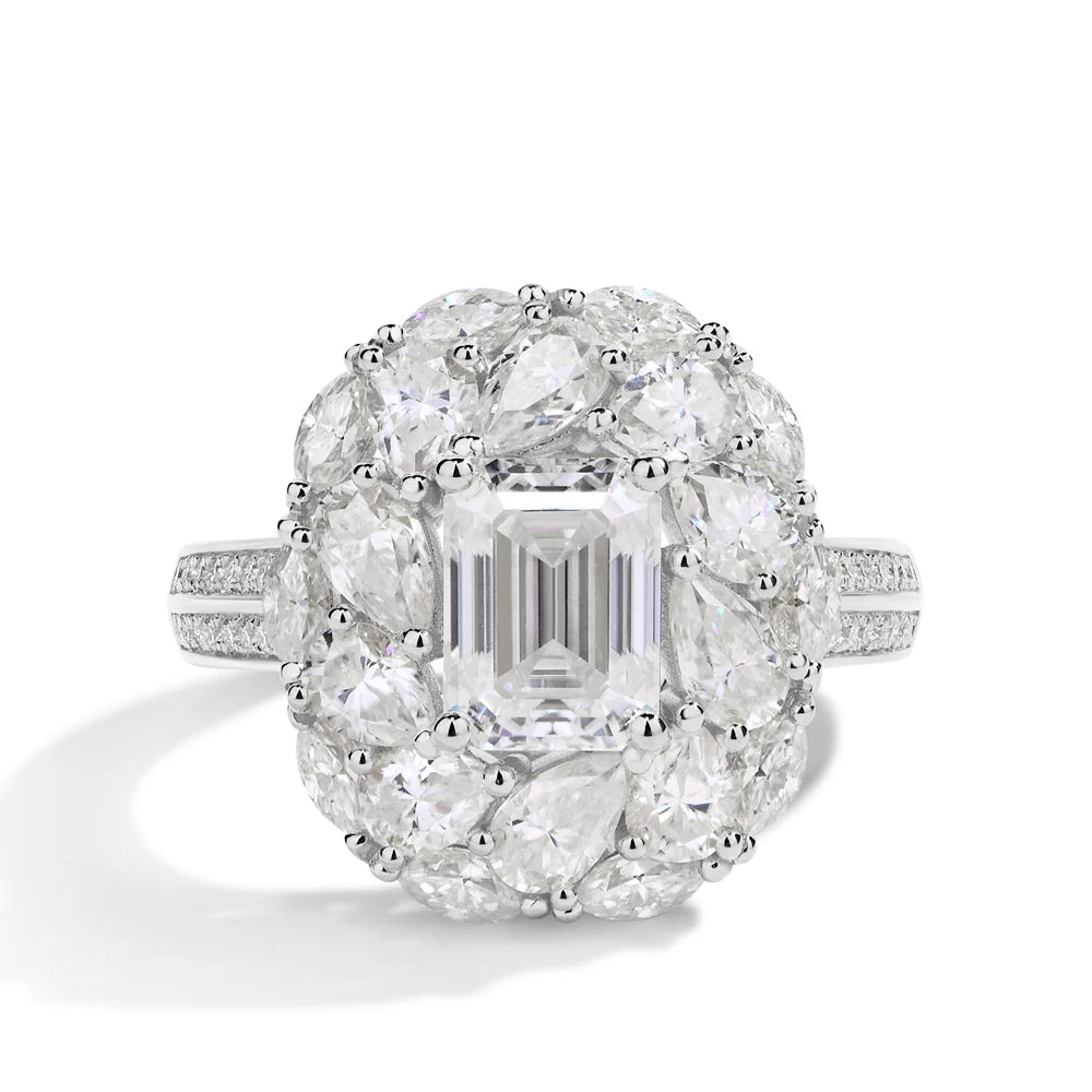 MINTYBOX Anillo de compromiso de talla esmeralda con halo y diseño de flor de 2,0 ct, diamante creado en laboratorio, plata S925, anillos de moissanita para mujer, chapado en oro de 18 quilates