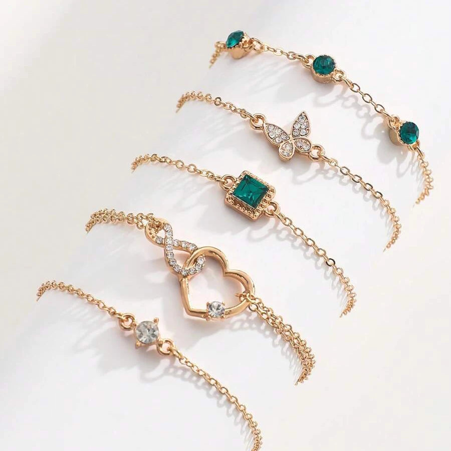 5-teiliges Set, hohles Herz, grüner Kristallstein, Armband-Set für Frauen, goldfarben, lieblicher Schmetterling, Strass, Mädchen-Armband-Set
