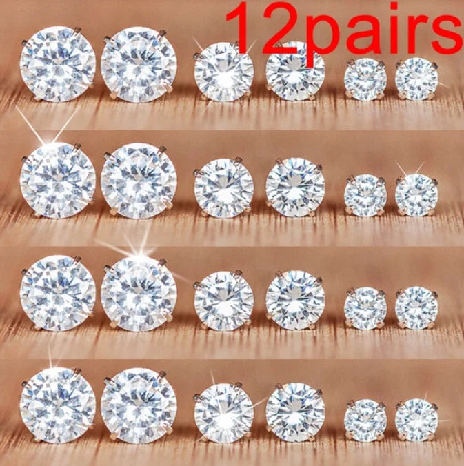 12 Paar Zirkonia-Ohrringe Set, brillante, glänzende Ohrstecker für Frauen, schlichter Perlen-Unregelmäßiger Trendy Schmuck Zubehör 2024 Neu