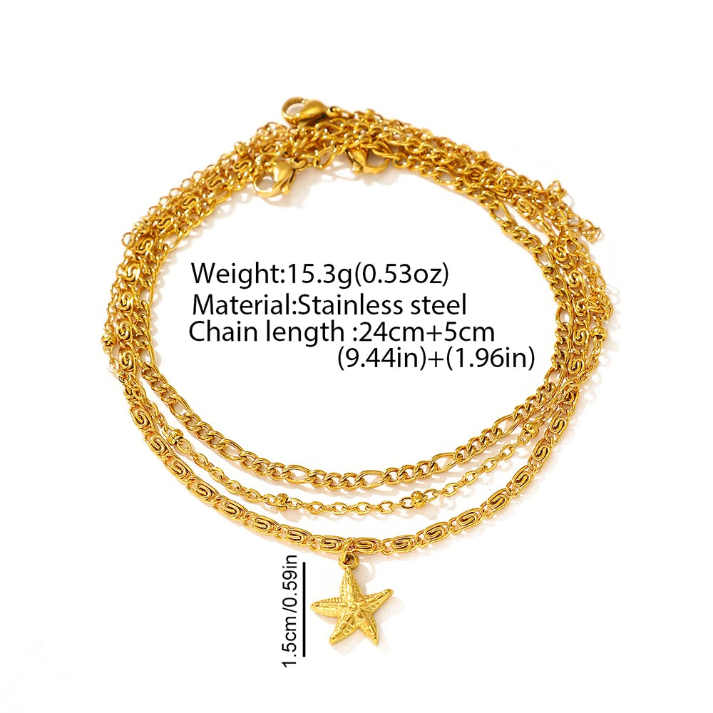 woiwoi Stainless Steel Anklet Starfish Triple Stacking Chain Light Luxury Fashion Elegant Ladies Anklet Jewelry Party  Match