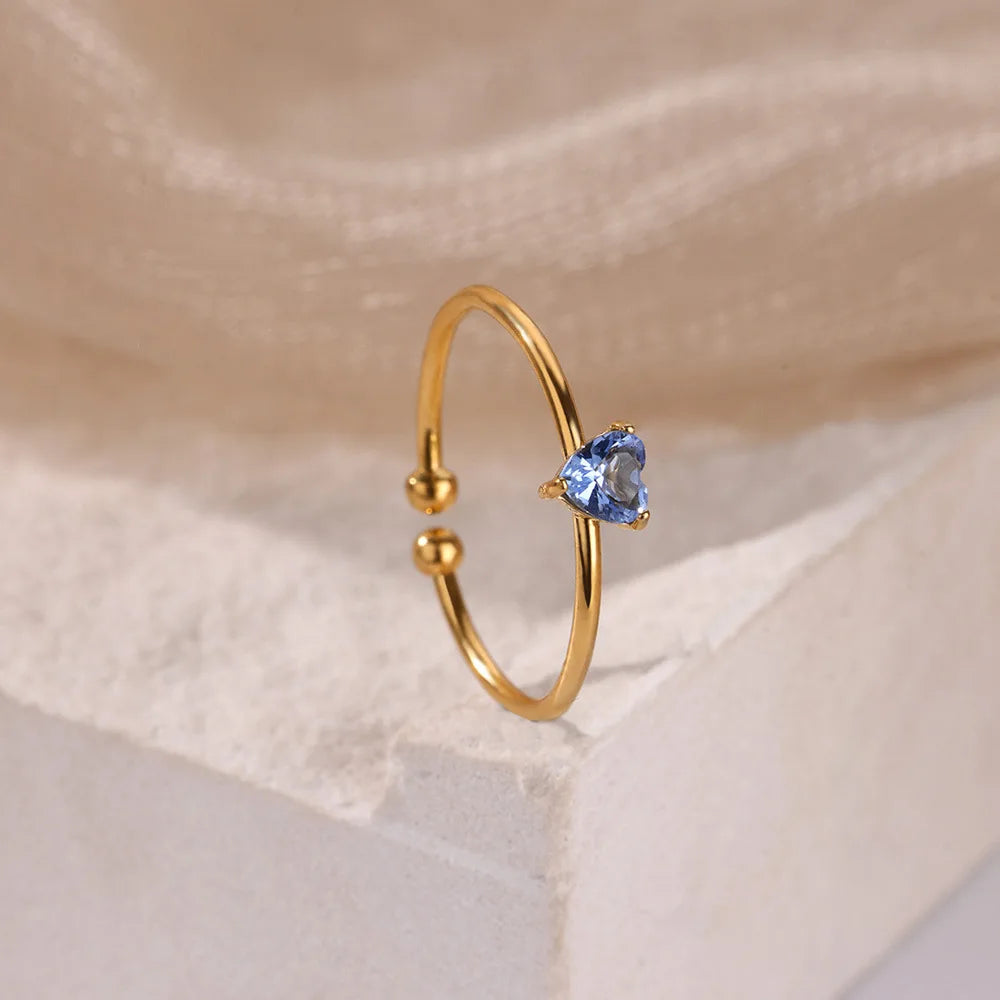 Edelstahl Geburtsstein Offene Ringe für Frauen Mode 12-farbiger Kristall Zirkon Herz Ring Geburtstag Ästhetischer Schmuck Geschenk