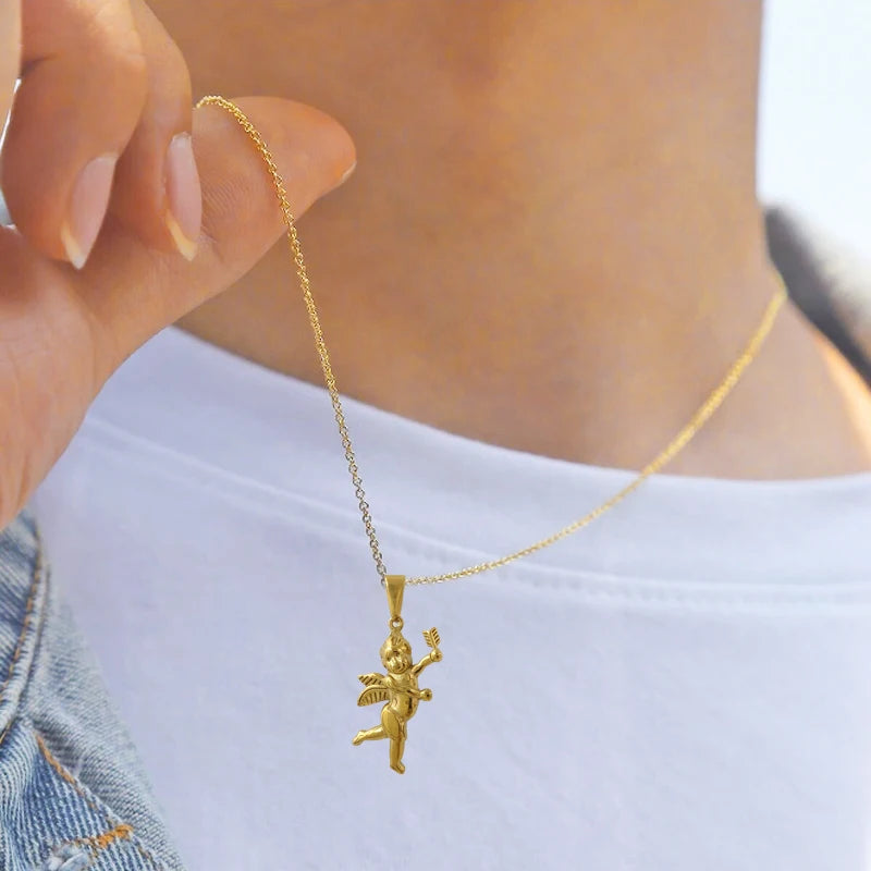 Collar Colgante de Acero Inoxidable Vintage con Amorcillo, Impermeable, Chapado en Oro de 18K, Joyería Unisex, Regalo