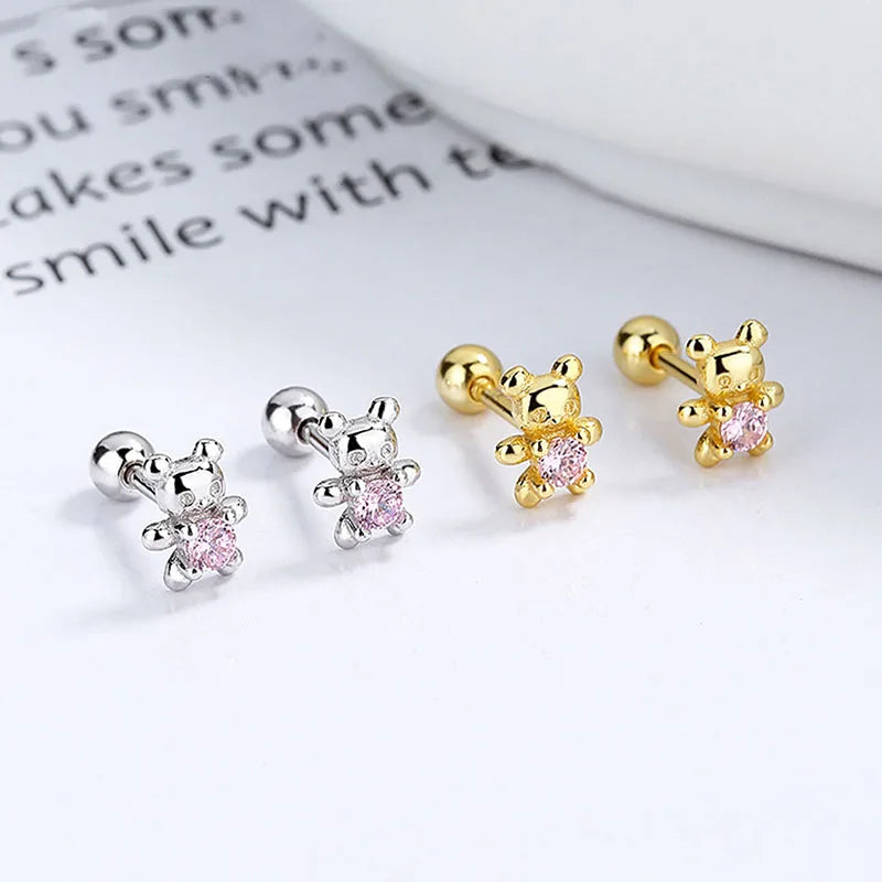 Pendientes de tuerca de plata de ley 925 con adorable oso, tapones de rosca para oreja, elegantes joyas para la oreja, regalo exquisito