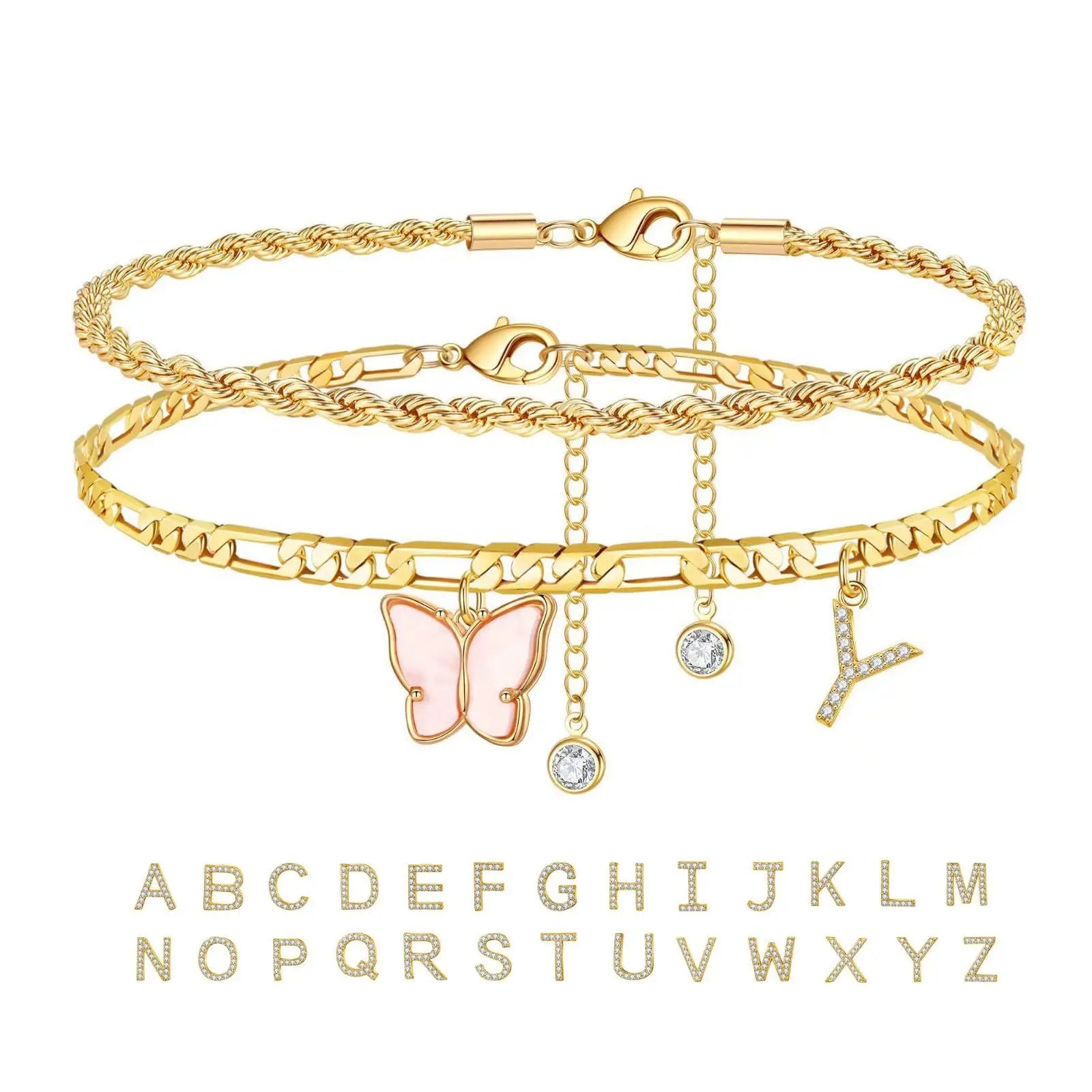 2 Stück Edelstahl Anfangs-Fußkettchen-Set für Frauen, 26 Buchstaben Acryl Schmetterling Charm Kette am Fuß Sommer Fußkettchen Schmuck